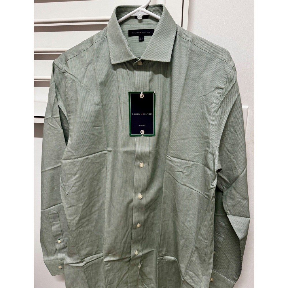Tommy Hilfiger Mens Slim Fit Dress Shirt Green White Stripe 15.5 32-33 NWT